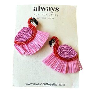 Always Pink Seed Beaded Flamingo Tassel Drop Earrings Bohemian Boho Hippie